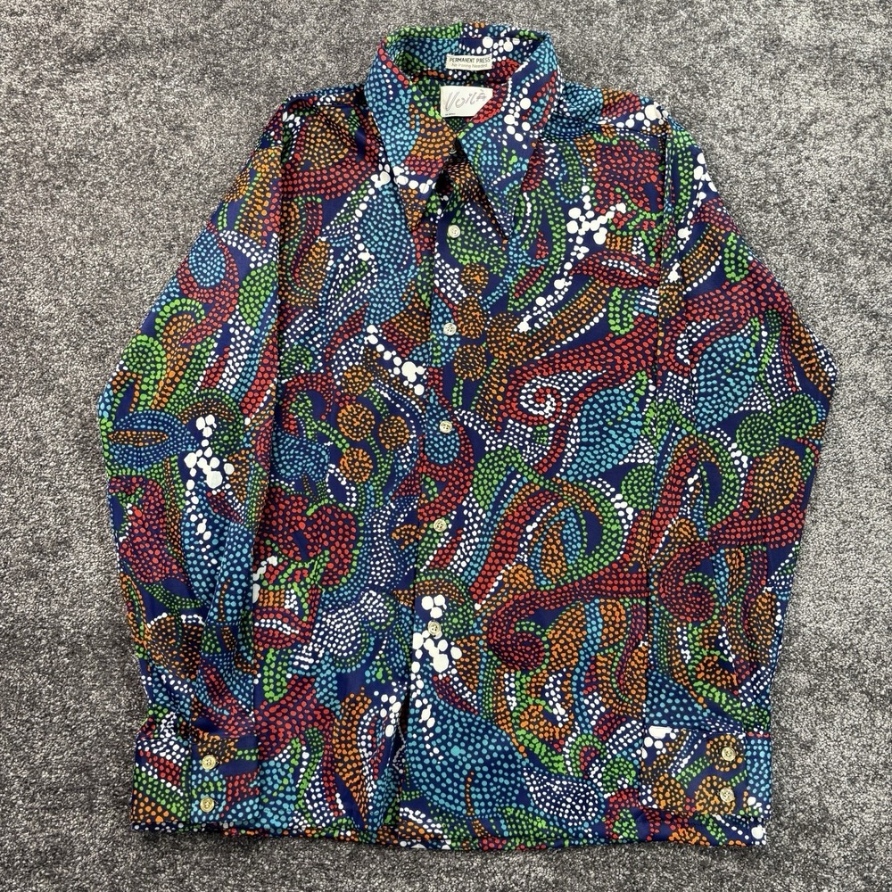 Vintage 70s Voila Disco Shirt Men's Large Dagger Collar Trippy Psychedelic NOS